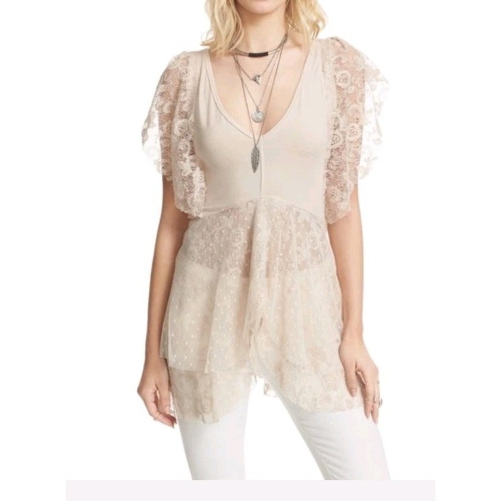 Free People Heatherton Lace Overlay Top Size XS Light Pink‎